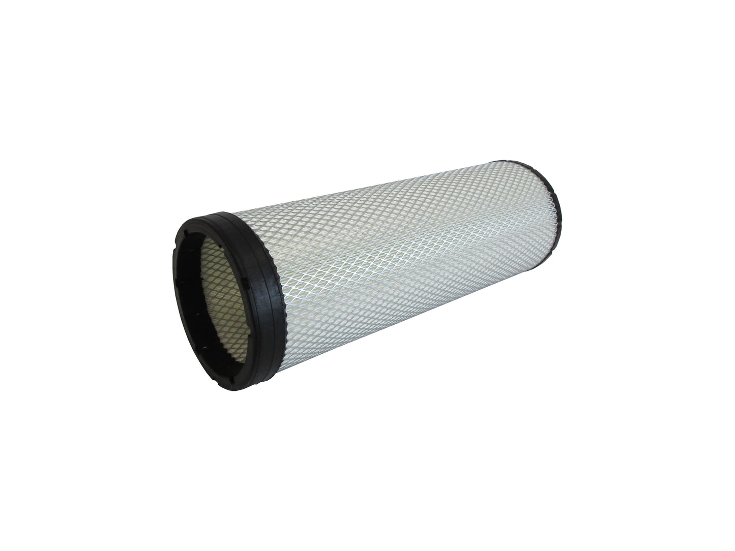 A cylindrical replacement filter cartridge on its side with a black PU top and bottom caps, and a grey metal mesh, shown on a plain white background.