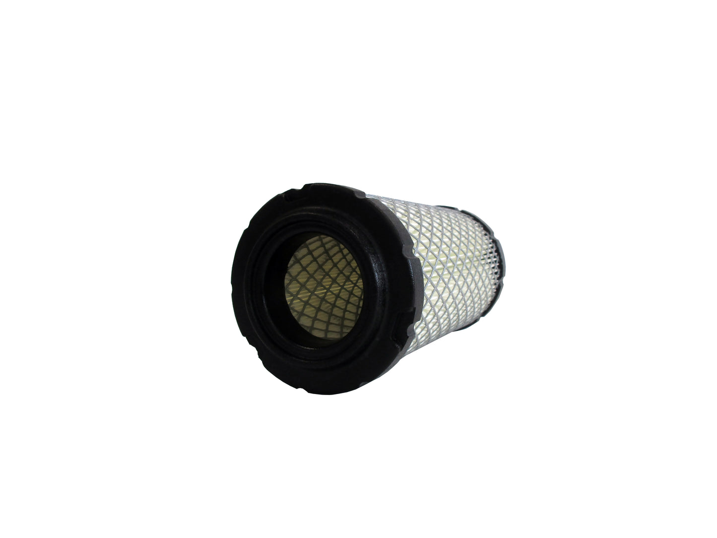 A cylindrical replacement filter cartridge on its side with a black PU top and bottom caps, and a grey metal mesh, shown on a plain white background.