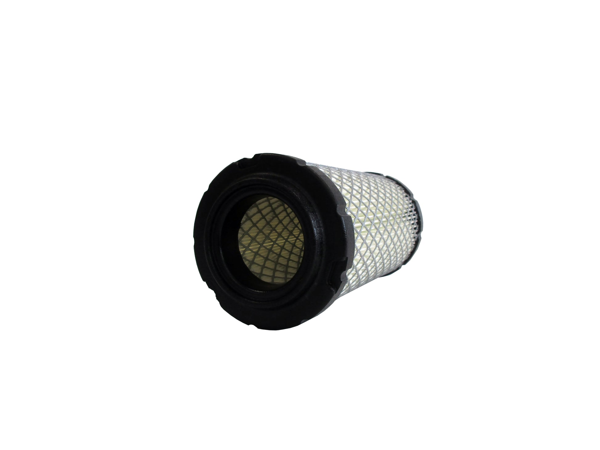 A cylindrical replacement filter cartridge on its side with a black PU top and bottom caps, and a grey metal mesh, shown on a plain white background.