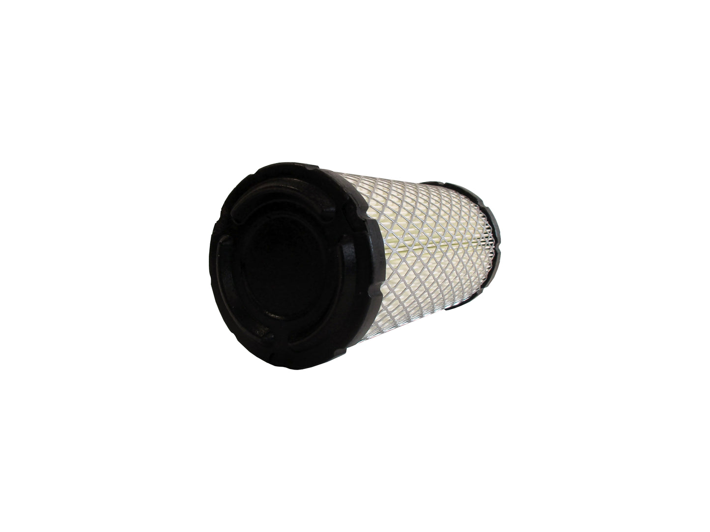 A cylindrical replacement filter cartridge on its side with a black PU top and bottom caps, and a grey metal mesh, shown on a plain white background.