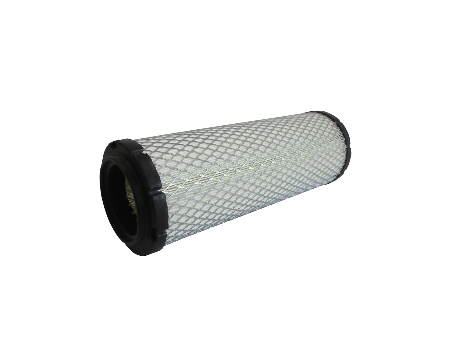 A cylindrical replacement filter cartridge on its side with a black PU top and bottom caps, and a grey metal mesh, shown on a plain white background.