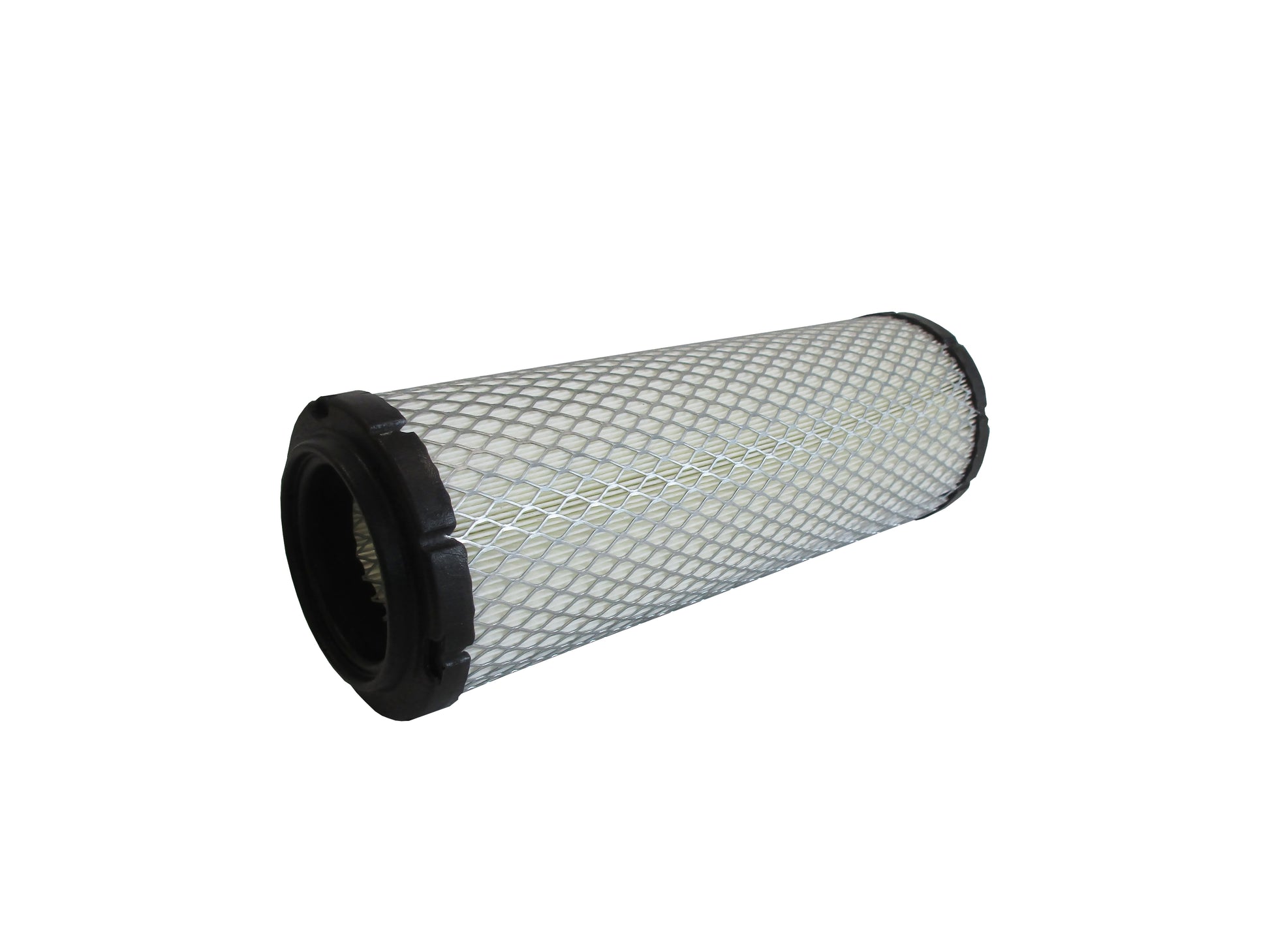 A cylindrical replacement filter cartridge on its side with a black PU top and bottom caps, and a grey metal mesh, shown on a plain white background.