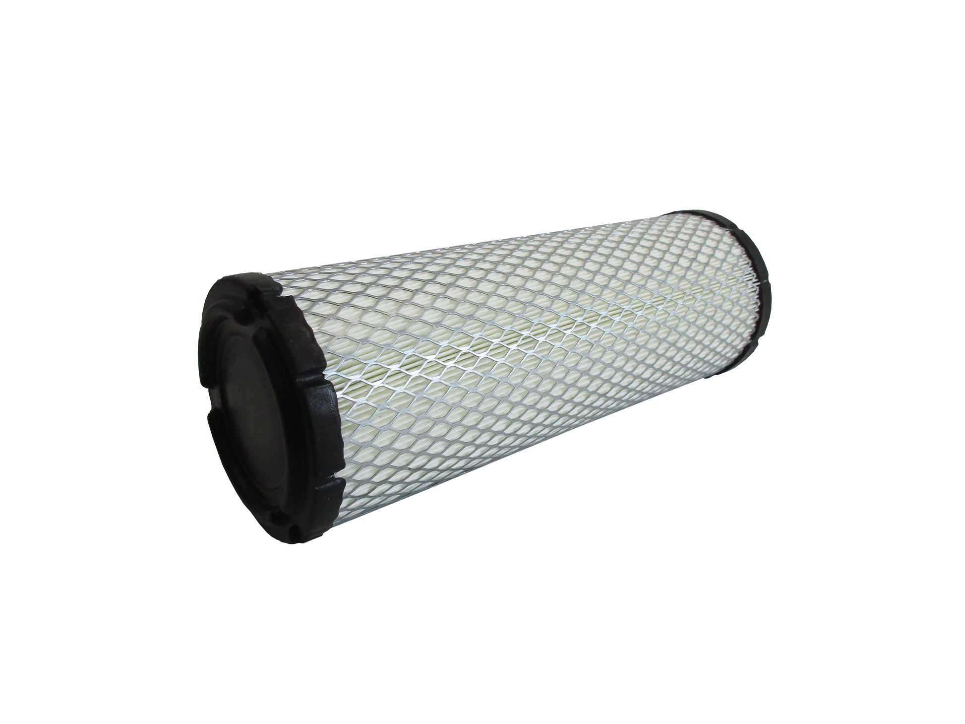 A cylindrical replacement filter cartridge on its side with a black PU top and bottom caps, and a grey metal mesh, shown on a plain white background.