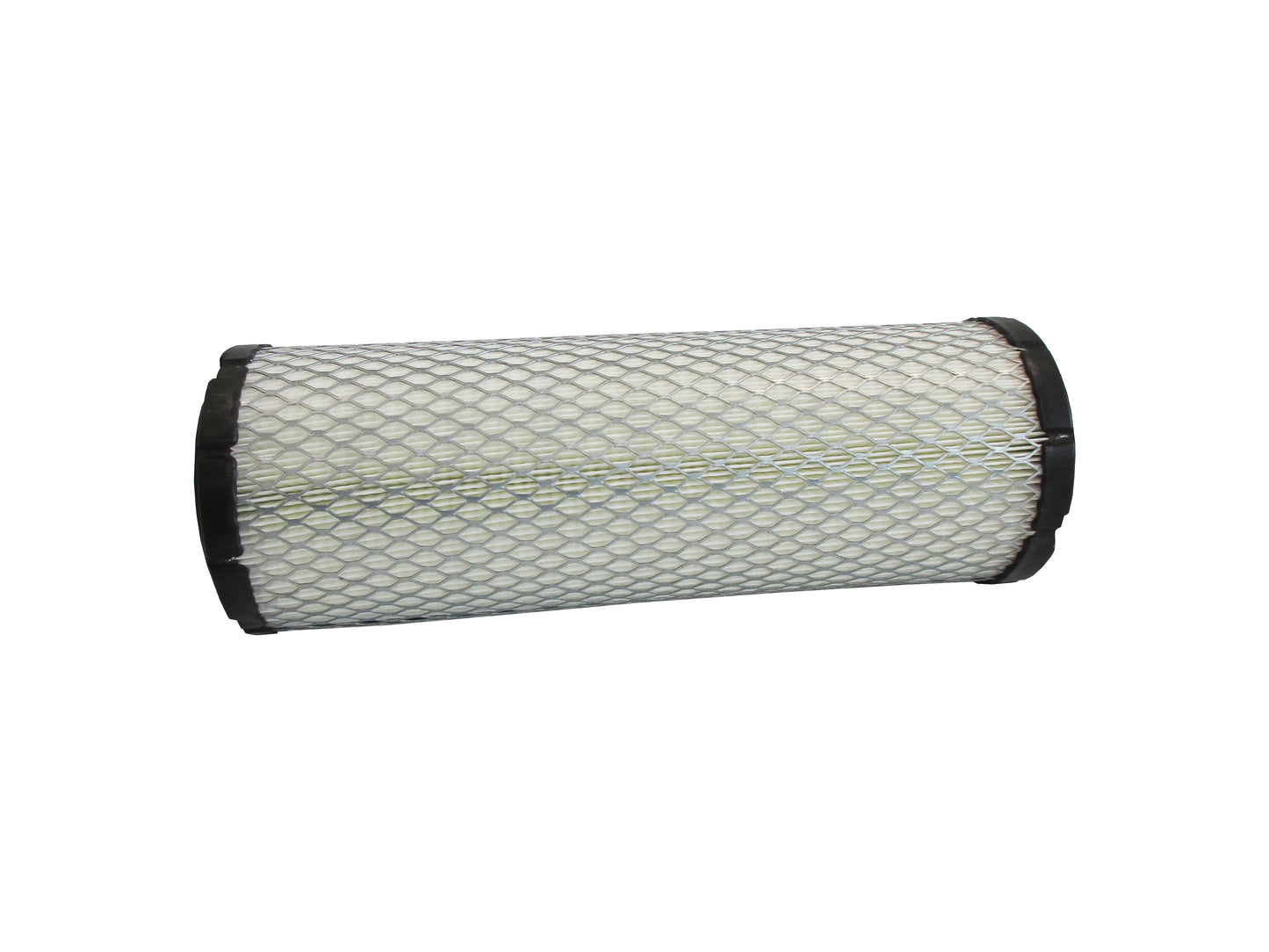 A cylindrical replacement filter cartridge on its side with a black PU top and bottom caps, and a grey metal mesh, shown on a plain white background.