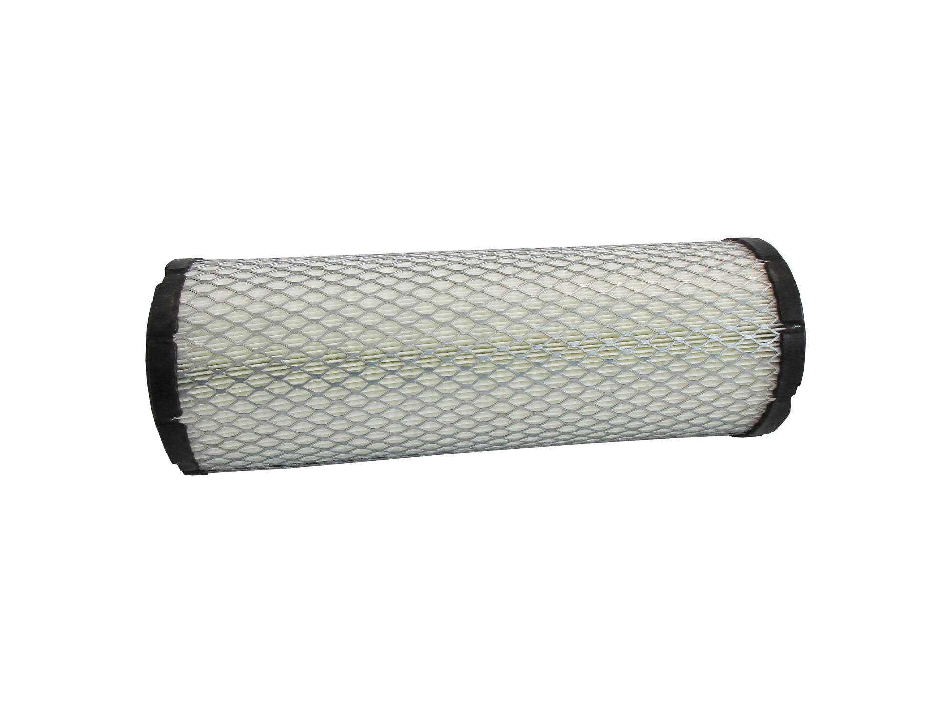 A cylindrical replacement filter cartridge on its side with a black PU top and bottom caps, and a grey metal mesh, shown on a plain white background.