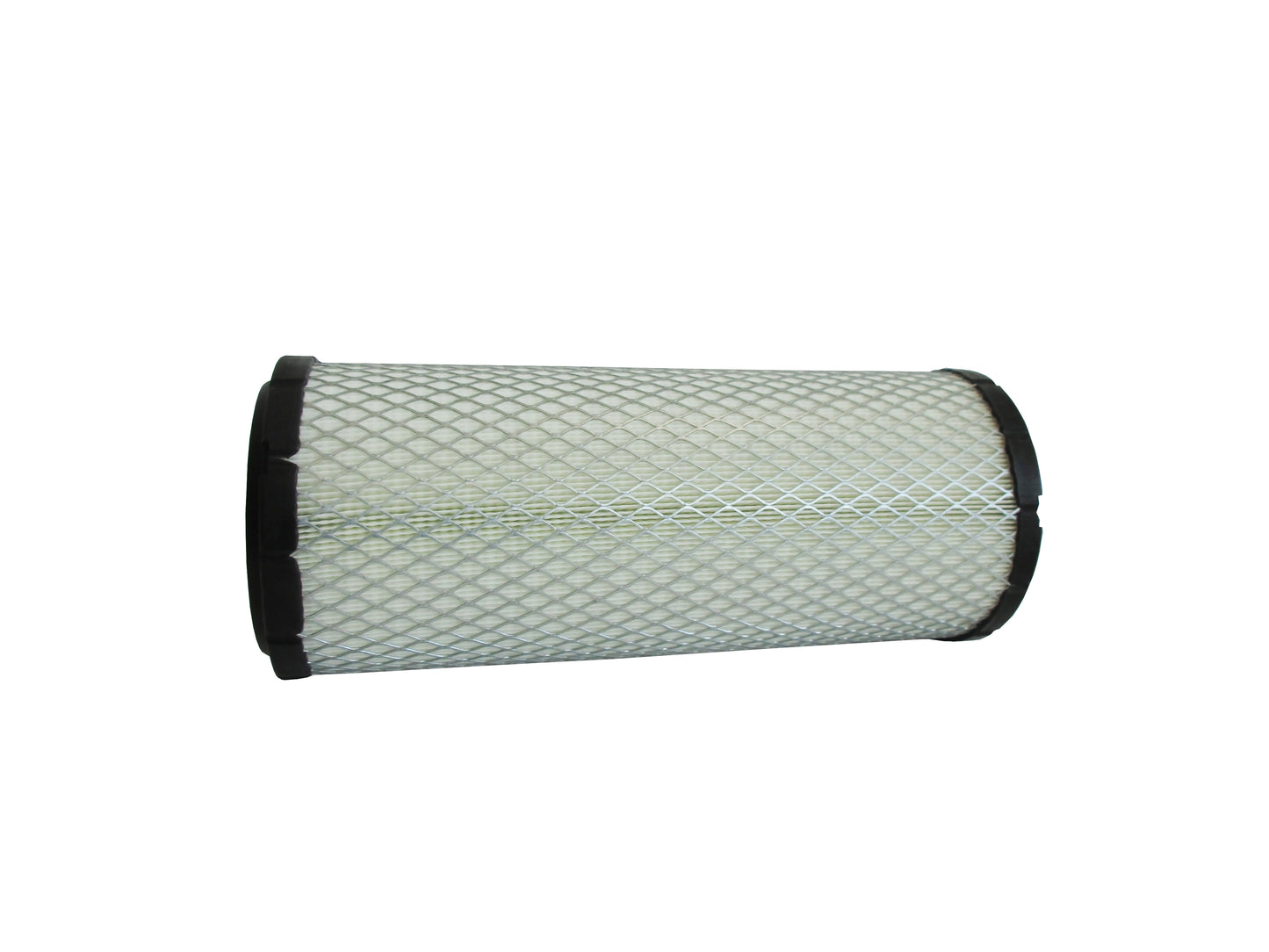 A cylindrical replacement filter cartridge on its side with a black PU top and bottom caps, and a grey metal mesh, shown on a plain white background.