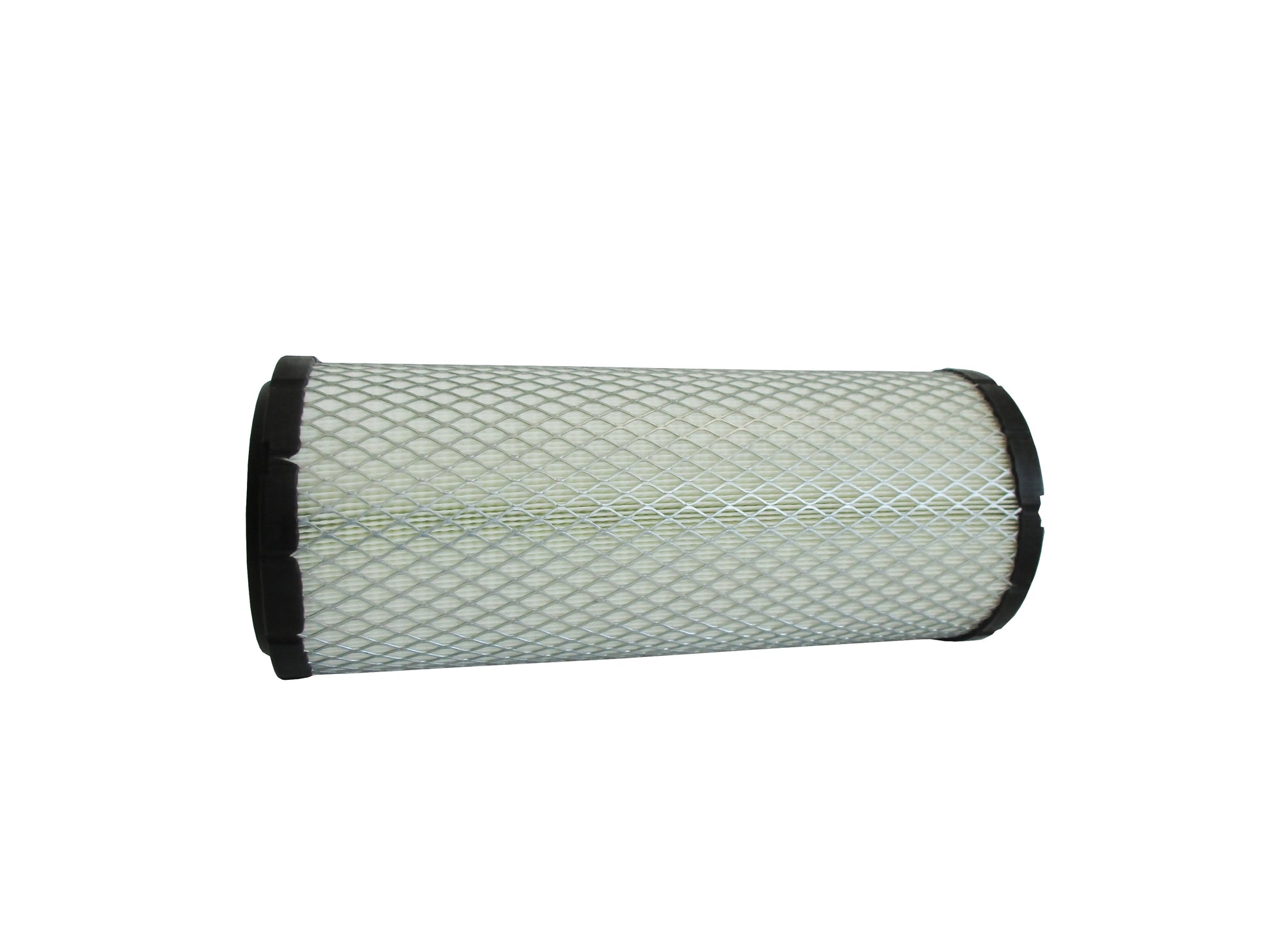 A cylindrical replacement filter cartridge on its side with a black PU top and bottom caps, and a grey metal mesh, shown on a plain white background.