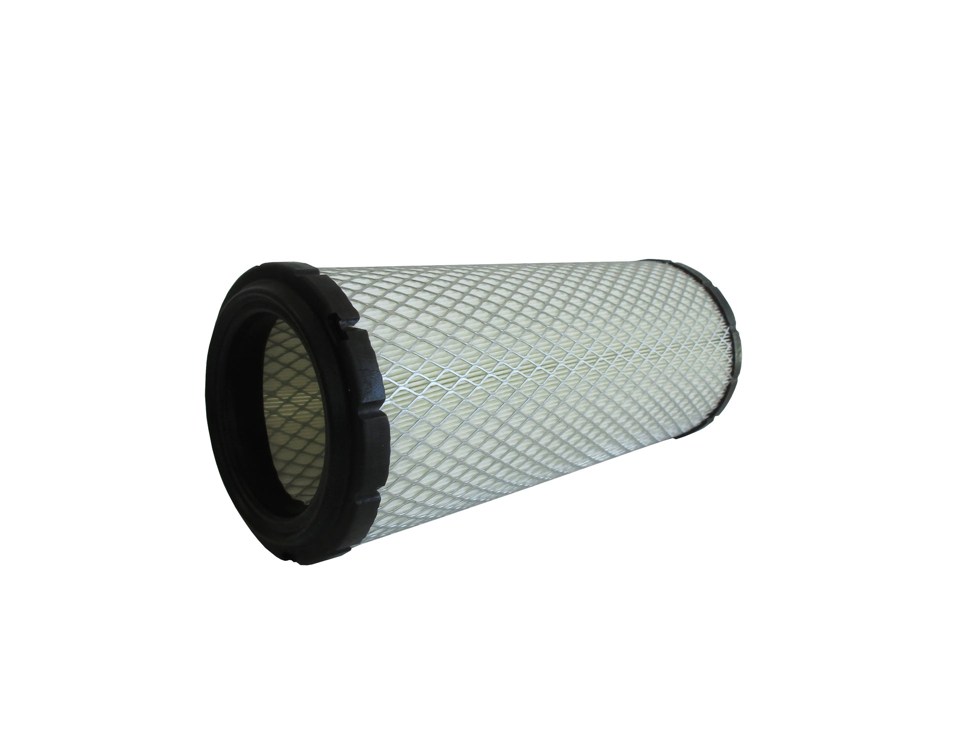 A cylindrical replacement filter cartridge on its side with a black PU top and bottom caps, and a grey metal mesh, shown on a plain white background.
