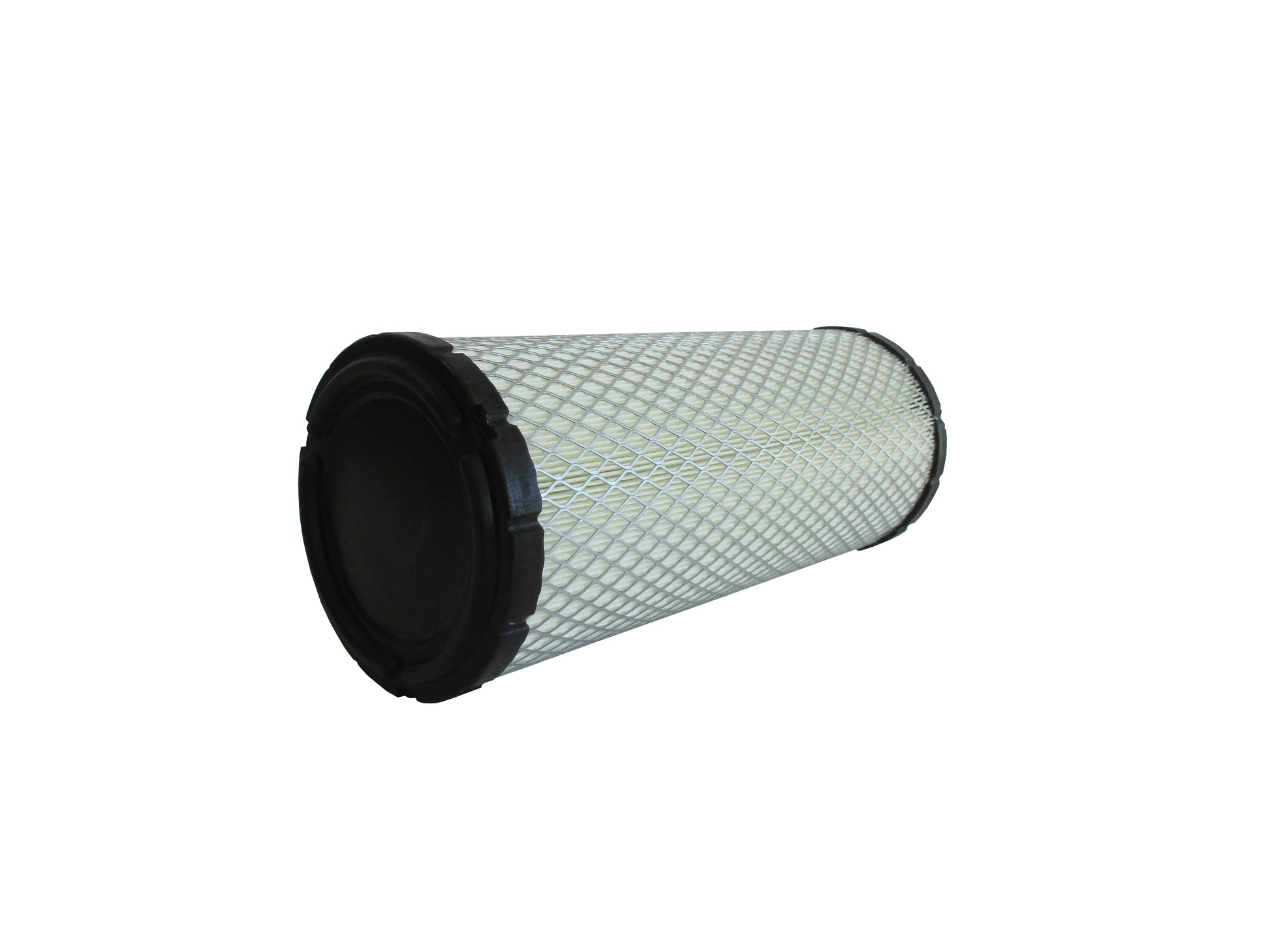 A cylindrical replacement filter cartridge on its side with a black PU top and bottom caps, and a grey metal mesh, shown on a plain white background.