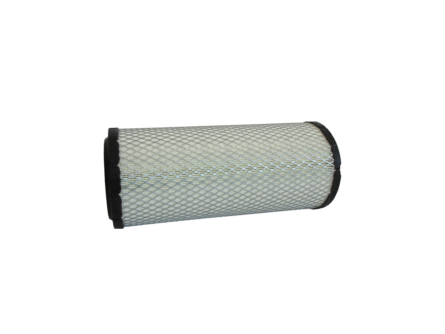 A cylindrical replacement filter cartridge on its side with a black PU top and bottom caps, and a grey metal mesh, shown on a plain white background.