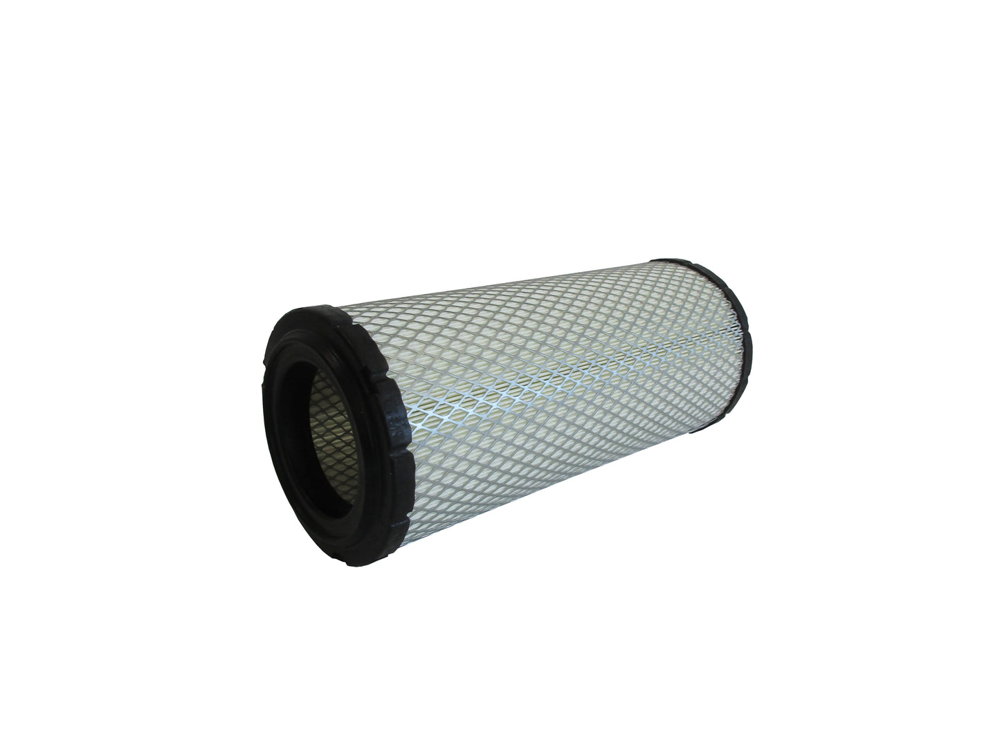 A cylindrical replacement filter cartridge on its side with a black PU top and bottom caps, and a grey metal mesh, shown on a plain white background.