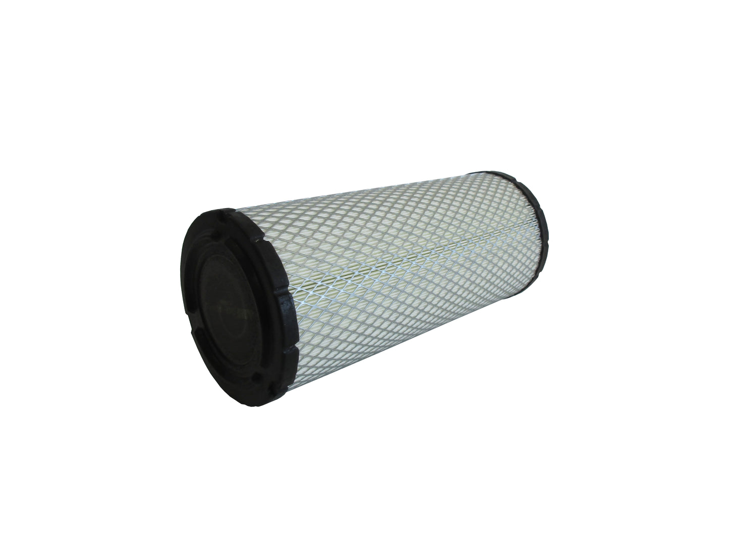 A cylindrical replacement filter cartridge on its side with a black PU top and bottom caps, and a grey metal mesh, shown on a plain white background.