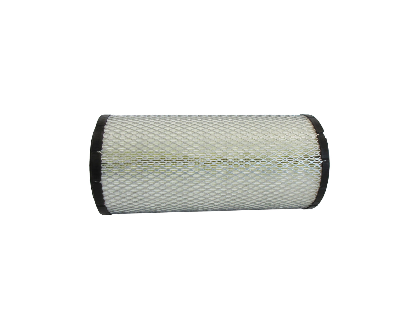 A cylindrical replacement filter cartridge on its side with a black PU top and bottom caps, and a grey metal mesh, shown on a plain white background.
