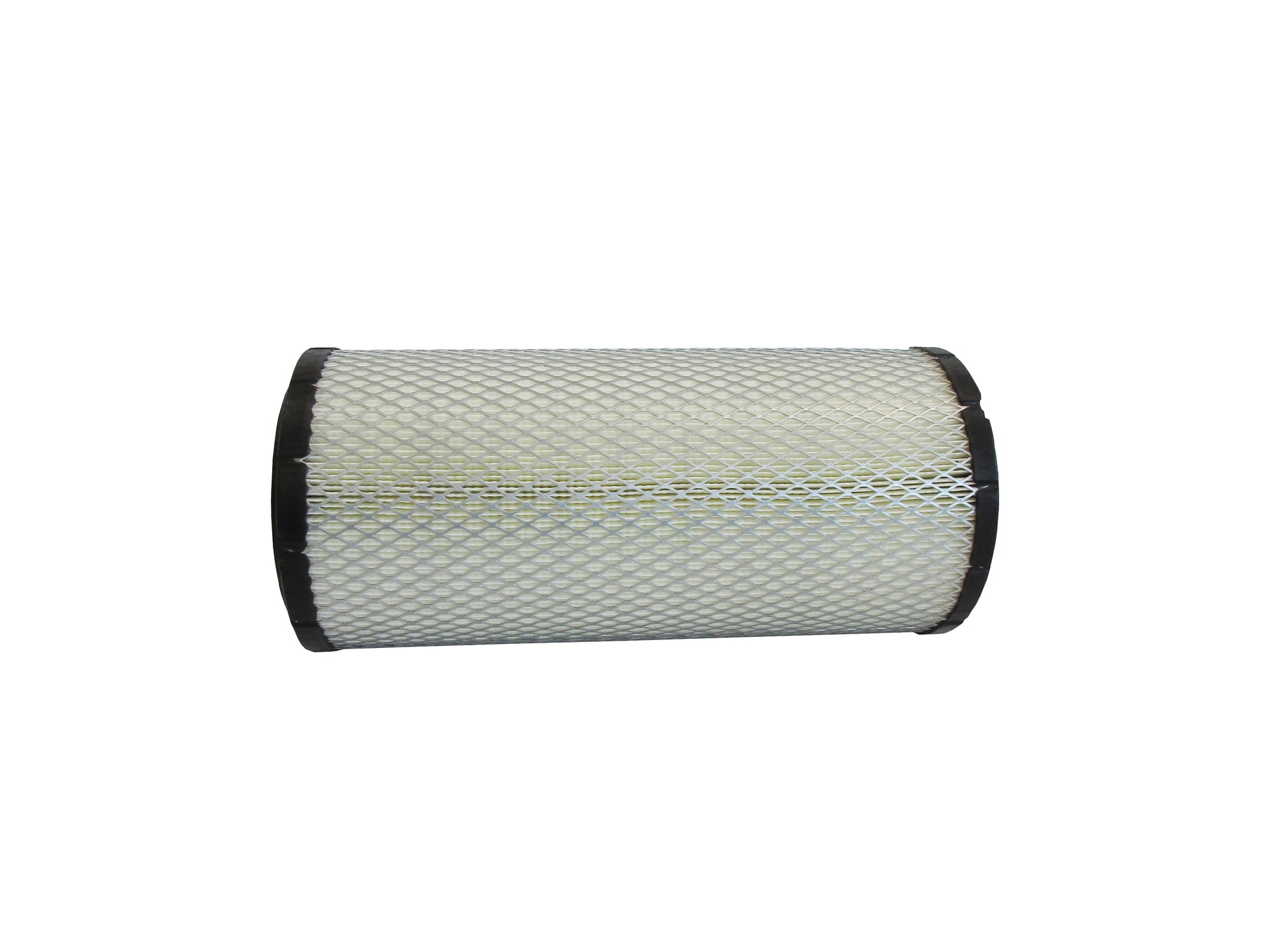 A cylindrical replacement filter cartridge on its side with a black PU top and bottom caps, and a grey metal mesh, shown on a plain white background.