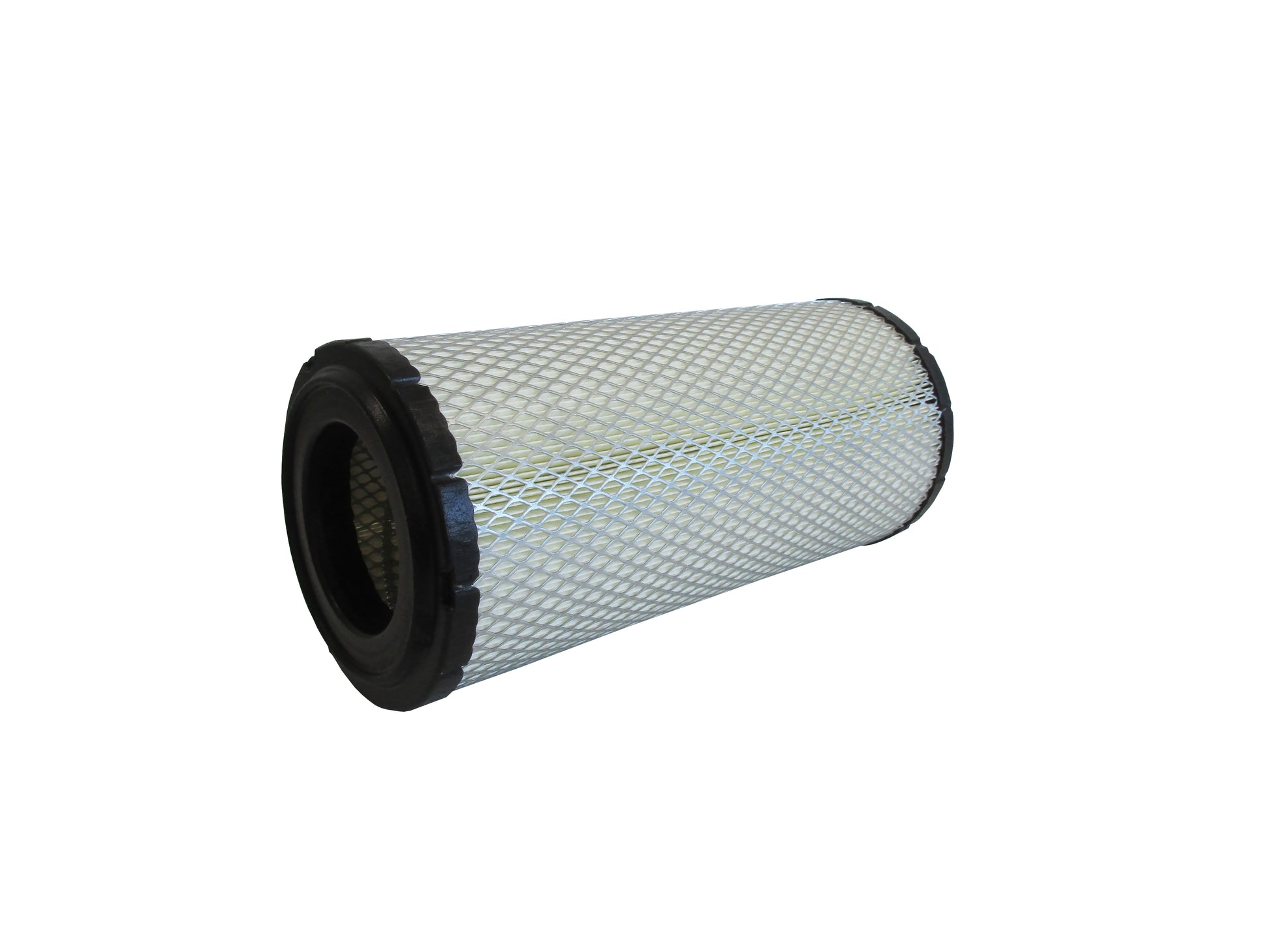A cylindrical replacement filter cartridge on its side with a black PU top and bottom caps, and a grey metal mesh, shown on a plain white background.