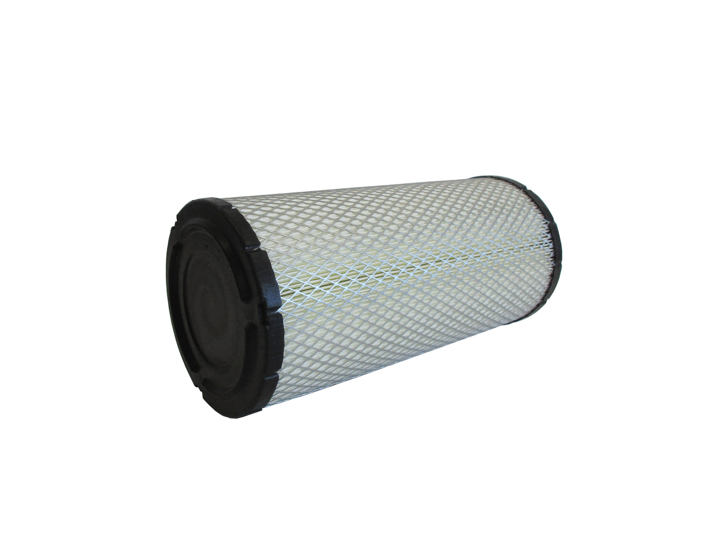 A cylindrical replacement filter cartridge on its side with a black PU top and bottom caps, and a grey metal mesh, shown on a plain white background.