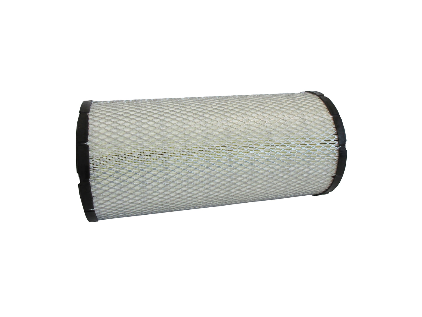 A cylindrical replacement filter cartridge on its side with a black PU top and bottom caps, and a grey metal mesh, shown on a plain white background.