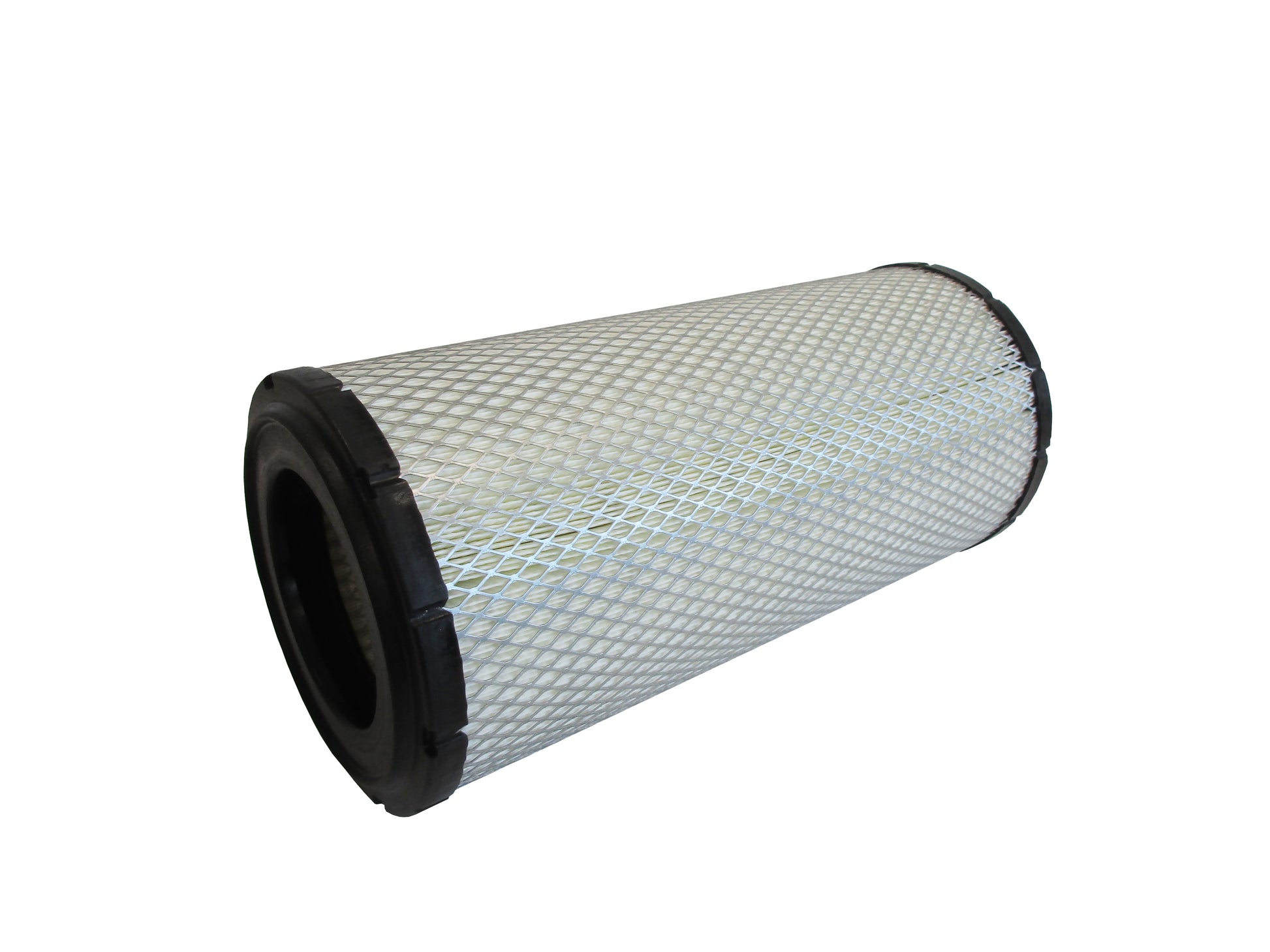 A cylindrical replacement filter cartridge on its side with a black PU top and bottom caps, and a grey metal mesh, shown on a plain white background.