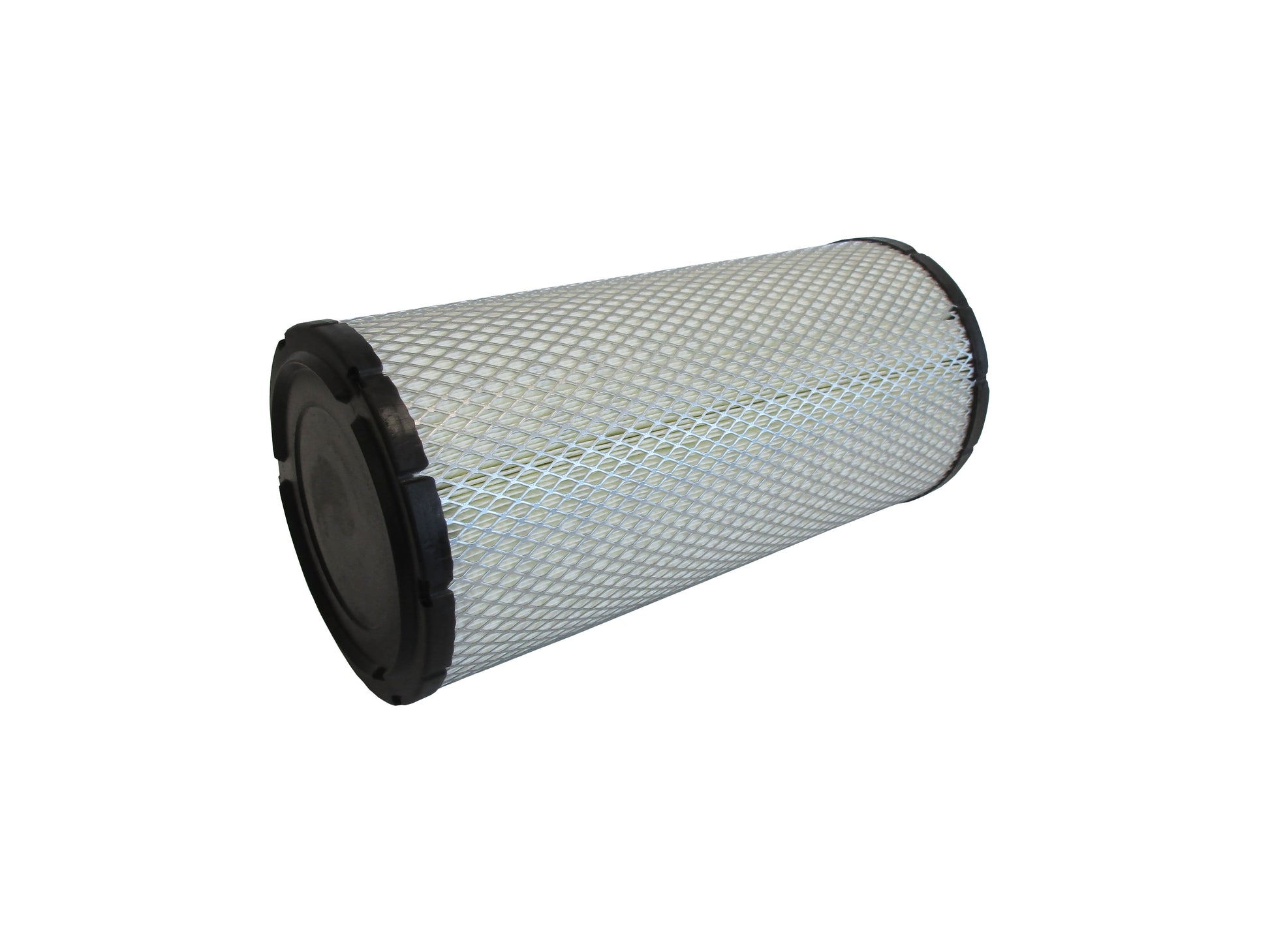 A cylindrical replacement filter cartridge on its side with a black PU top and bottom caps, and a grey metal mesh, shown on a plain white background.