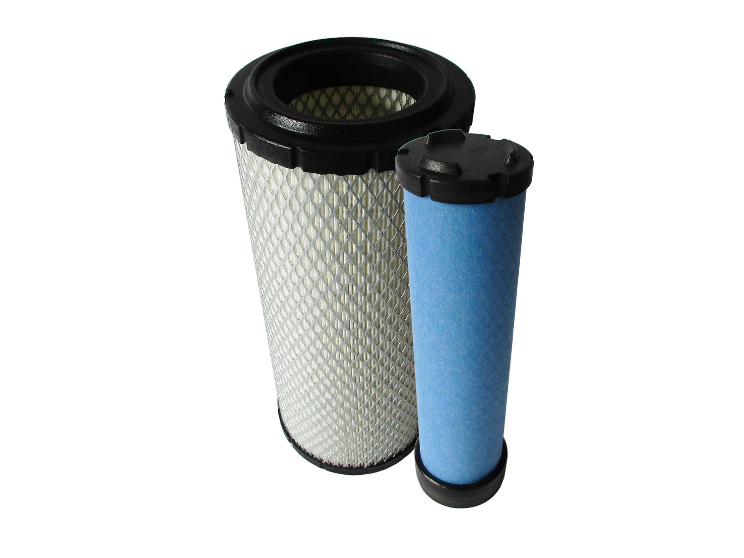Two cylindrical replacement air filters, one larger white pleated filter with a black top and one smaller blue pleated filter with a black top, shown on a plain white background.