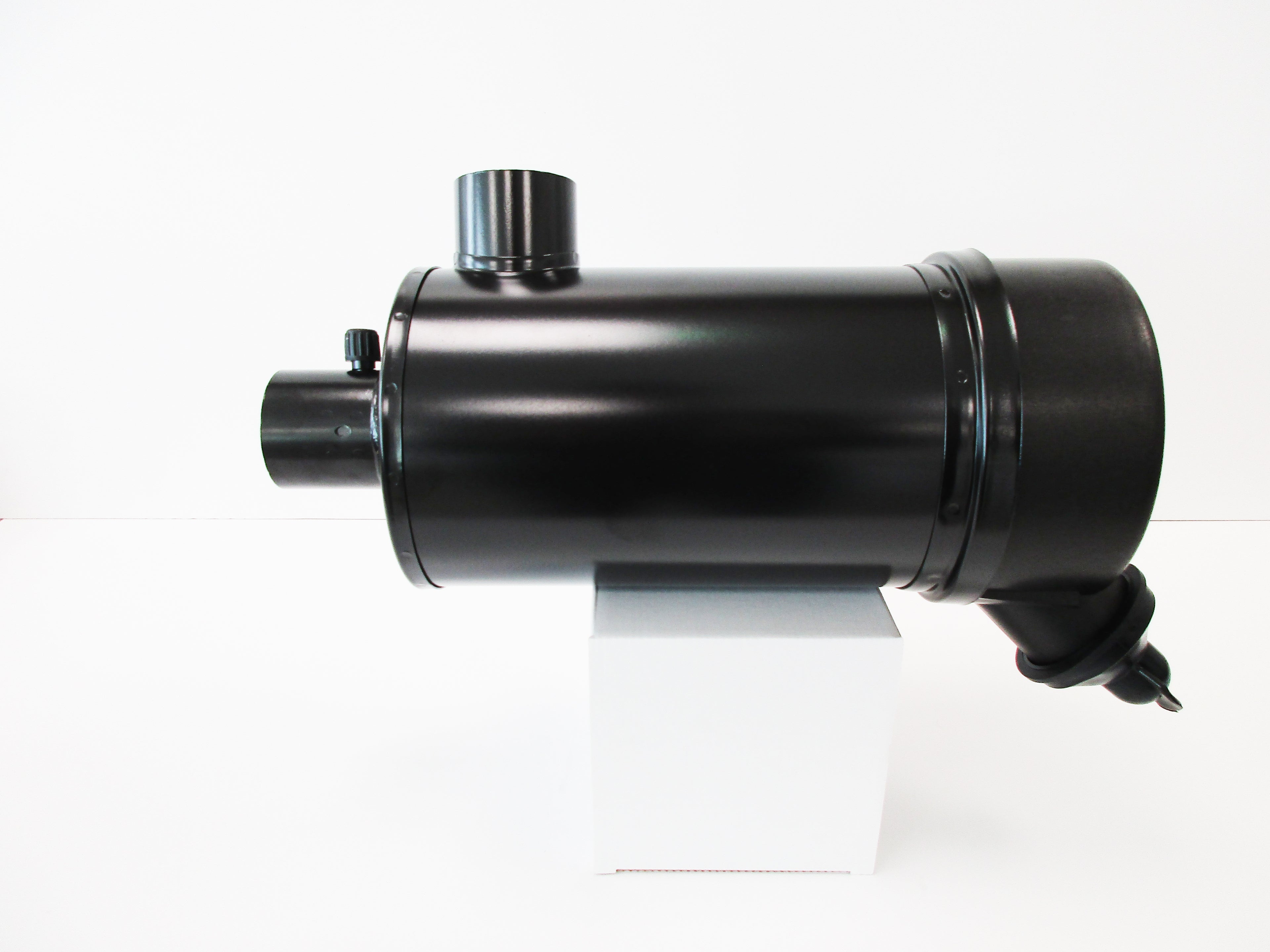 A black cylindrical metal bodied air cleaner, displayed on a white box against a white background.