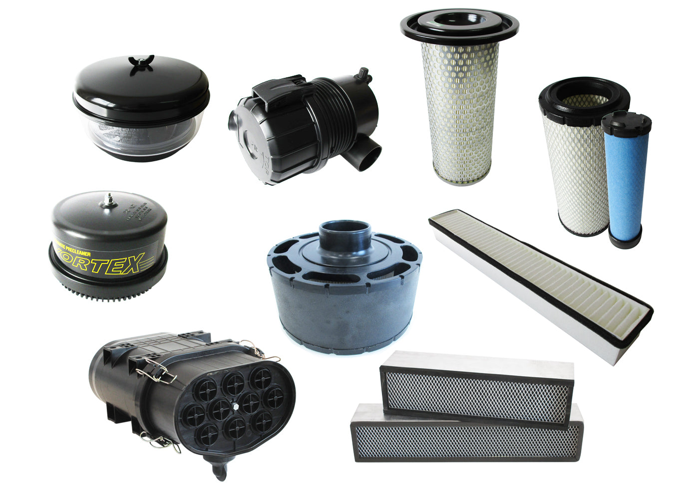 A collection of heavy machinery air cleaners and accessories, including cylindrical filters, panel filters, pre-cleaners and air elements, arranged on a plain white background.