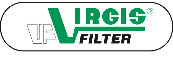 Virgis filter logo on a white background, featuring green and black text inside a rounded black-bordered white shape.
