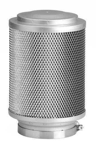 A cylindrical metal air filter with a grey mesh screen and a metallic top and bottom, shown against a plain white background.
