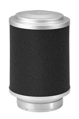 A cylindrical replacement air filter with a textured foam body and grey metal end caps, shown on a plain white background.