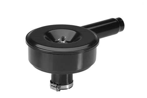 A black metal single stage air cleaner with inlet spout, shown on a plain white background.